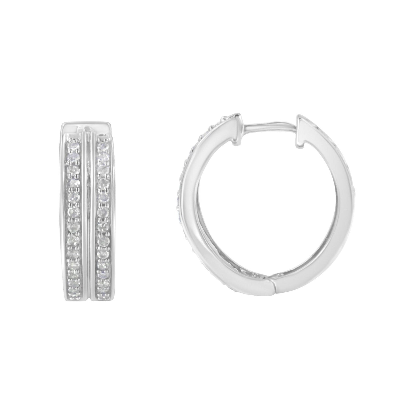 Front and side views of white metal hoop earrings with two rows of small white gemstones in pave setting on the front.