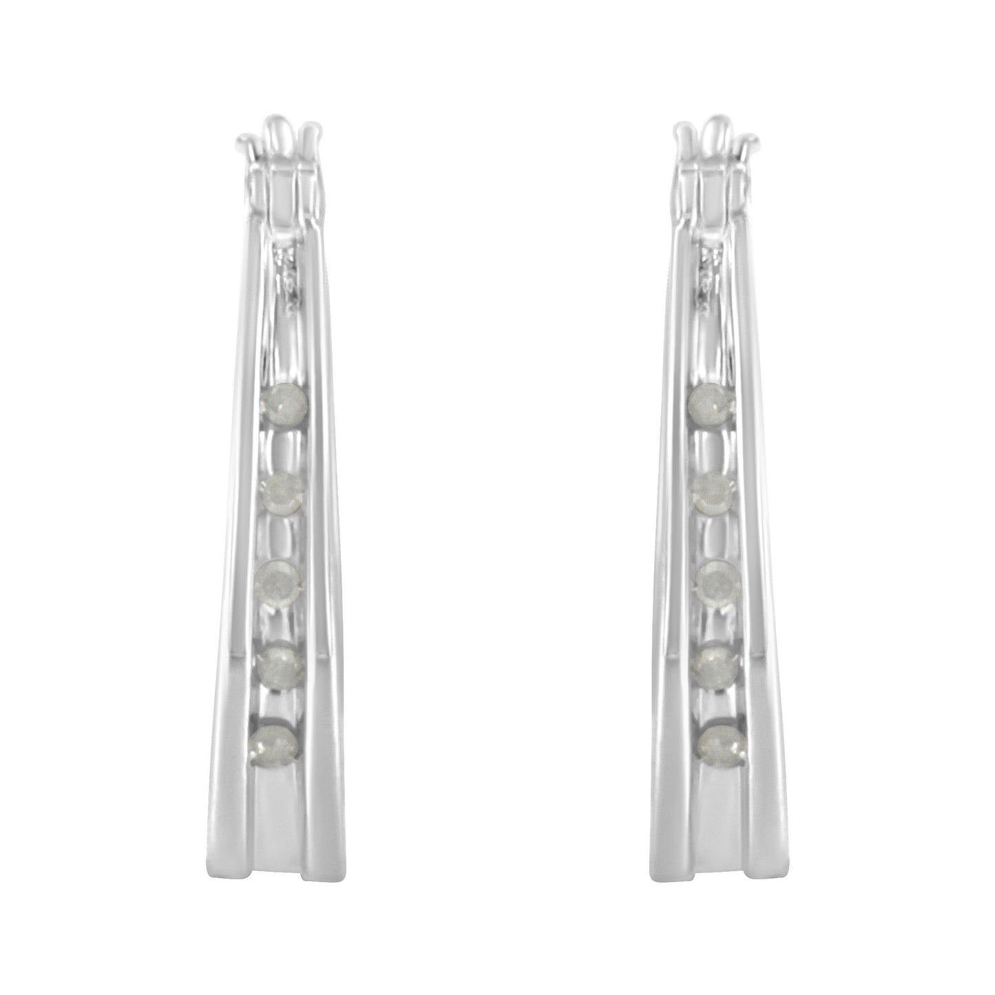 Front view of a pair of white metal earrings with multiple round white gemstones set in a channel setting.