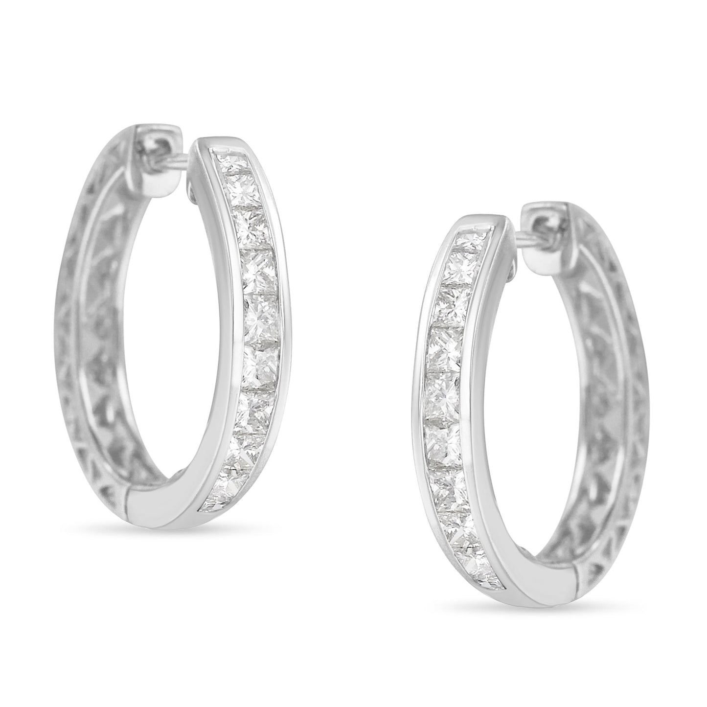 Pair of white metal hoop earrings with channel-set white princess-shaped gemstones, shown from a front angle on a white background.
