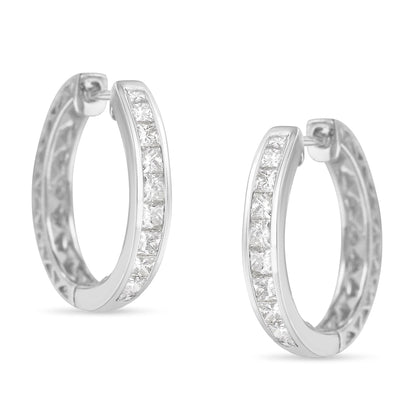 Pair of white metal hoop earrings with channel-set white princess-shaped gemstones, shown from a front angle on a white background.