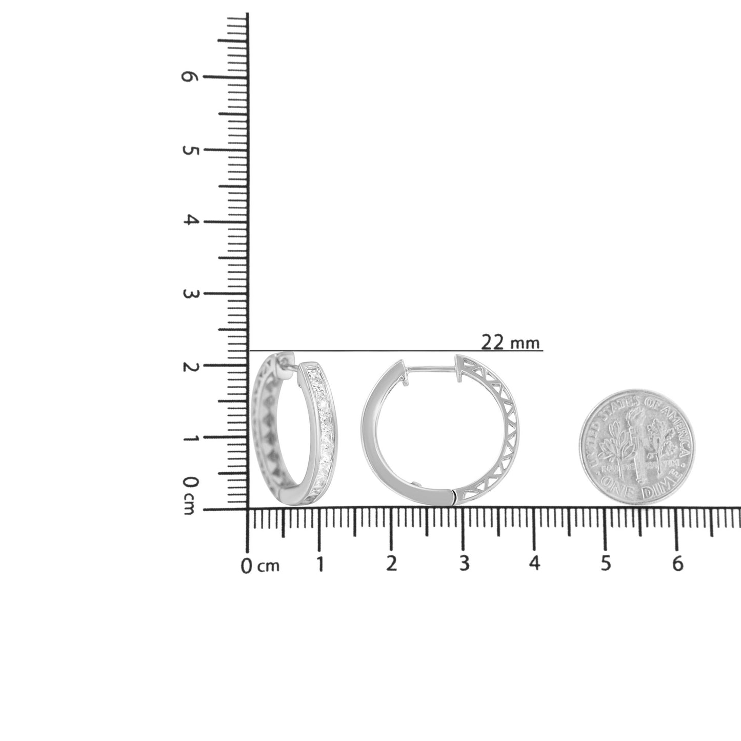 Pair of white metal hoop earrings with channel-set white princess shape gemstones, shown from front and side angles on a ruler and next to a coin for size reference.