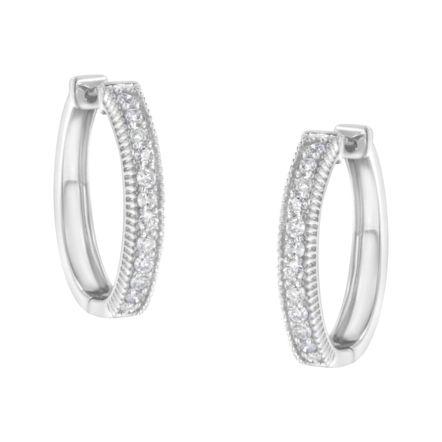 Pair of white metal hoop earrings with two rows of small round white gemstones in prong settings, shown from front angle.