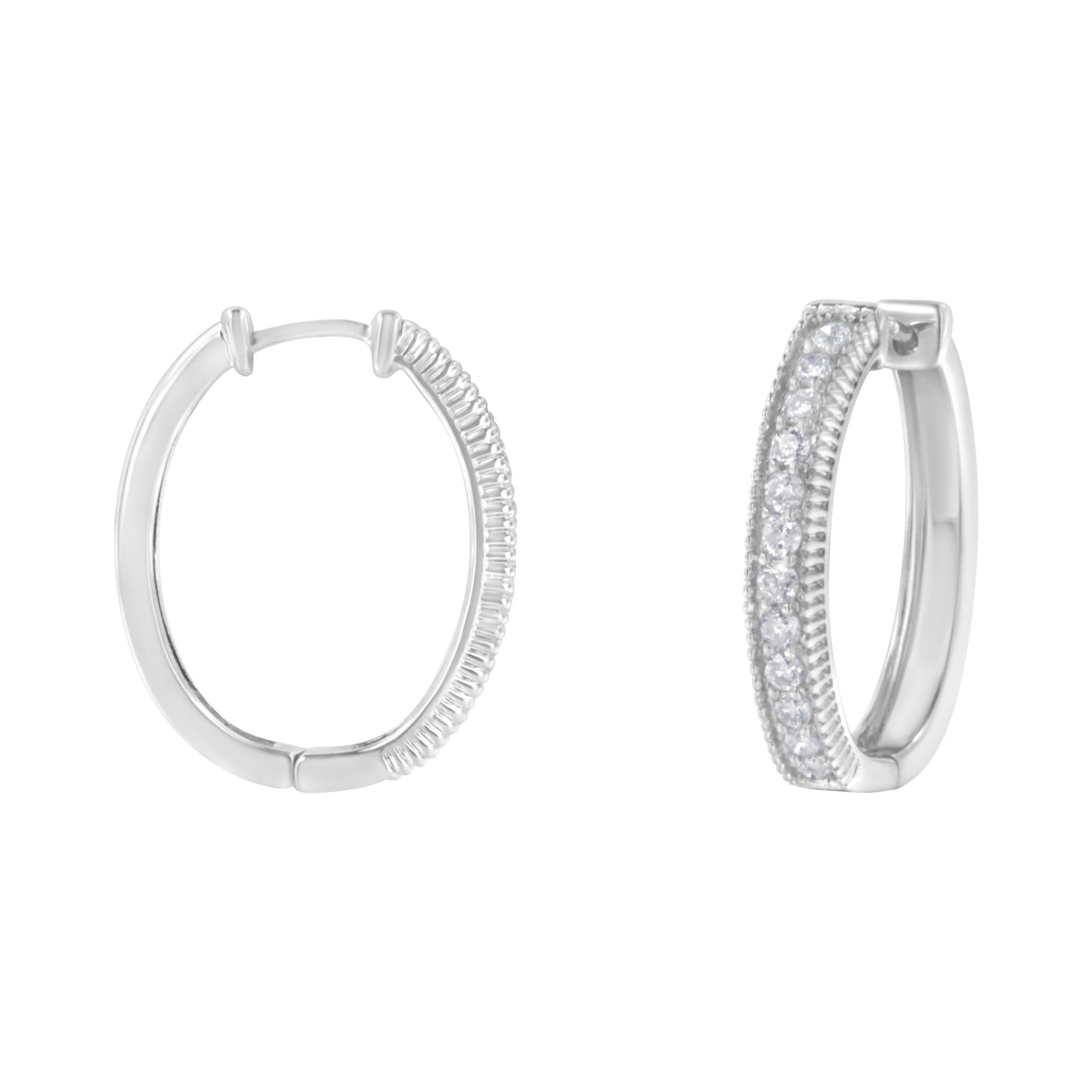 Pair of white metal hoop earrings with prong-set round white gemstones, shown from front and side angle on a white background.