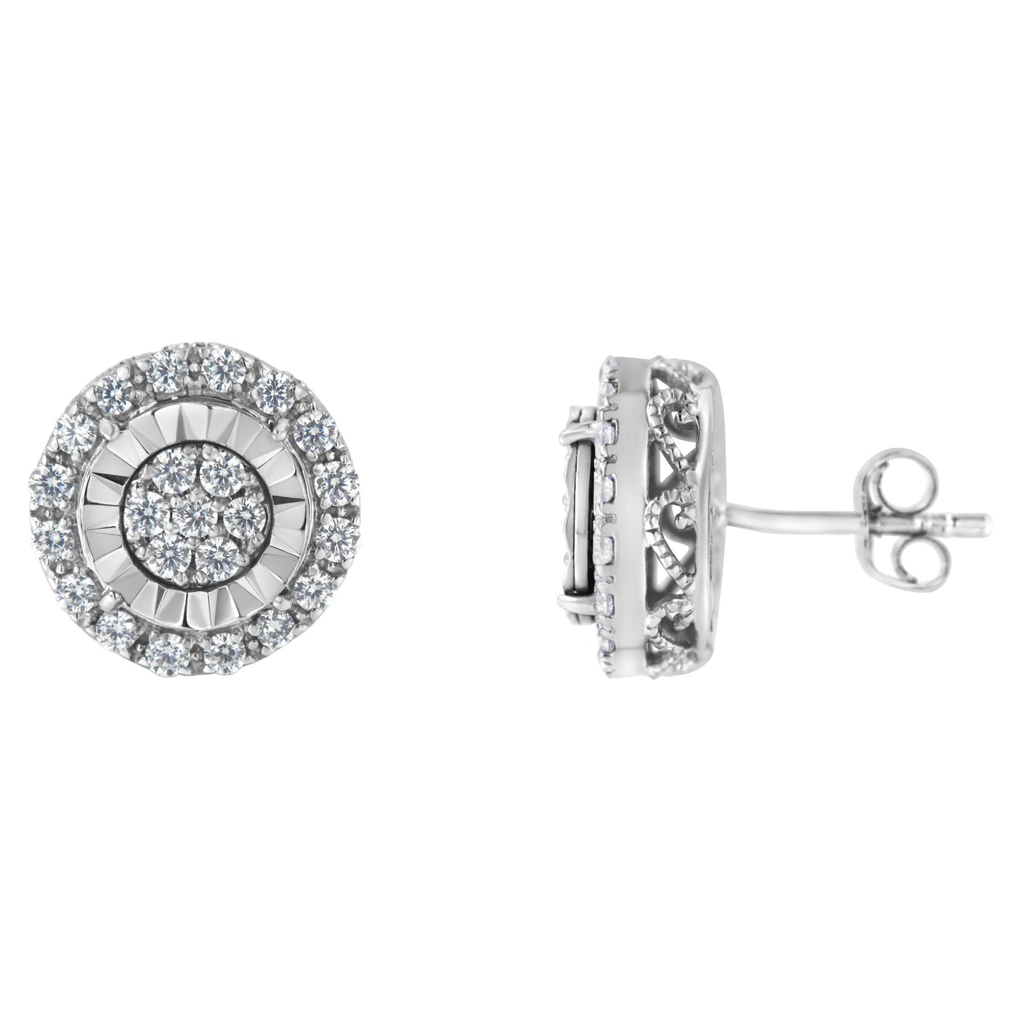 Pair of white metal round stud earrings with white gemstones in prong setting, shown from front and side angles.