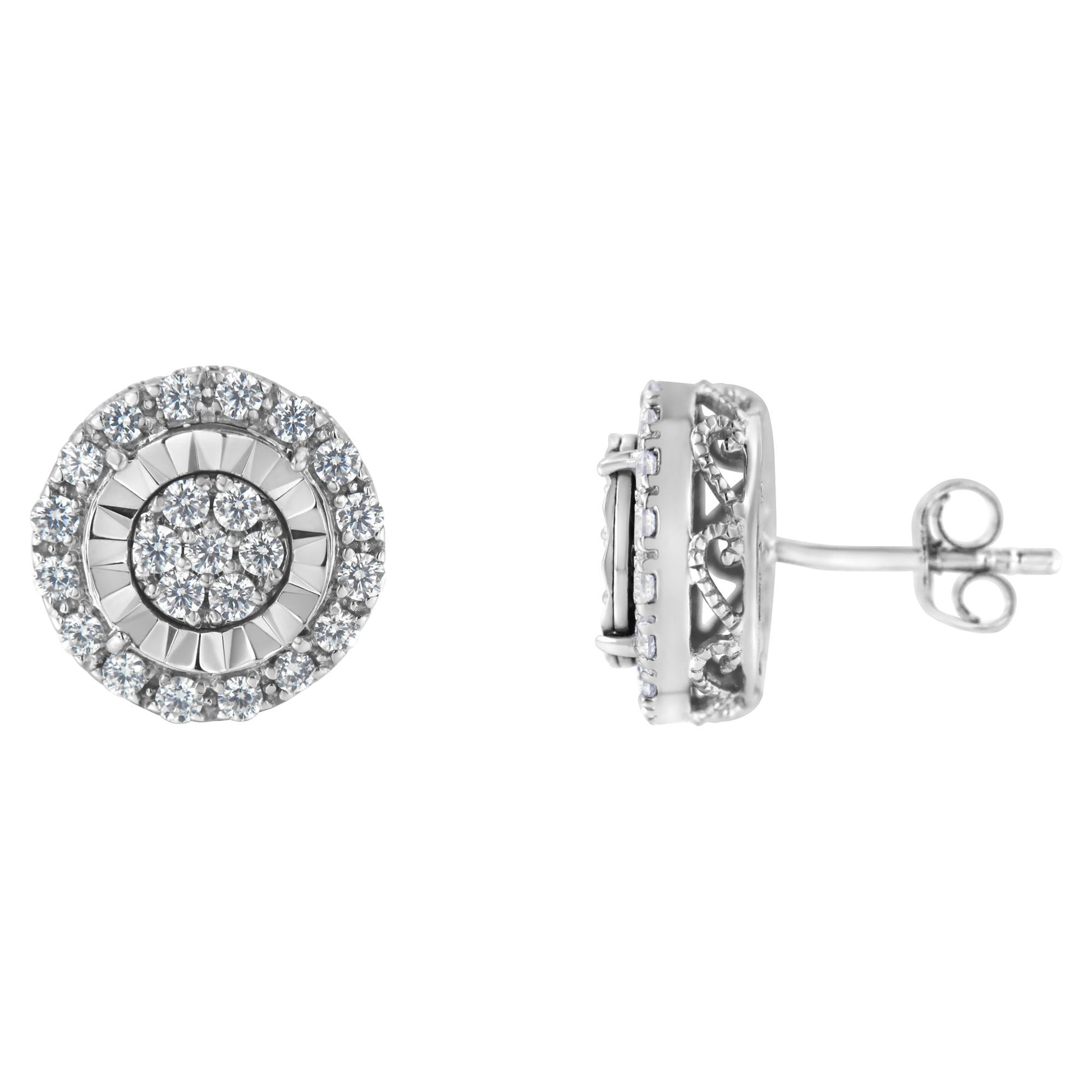 Pair of white metal round stud earrings with white gemstones in prong setting, shown from front and side angles.