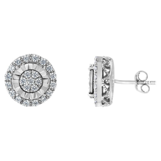 Pair of white metal round stud earrings with white gemstones in prong setting, shown from front and side angles.
