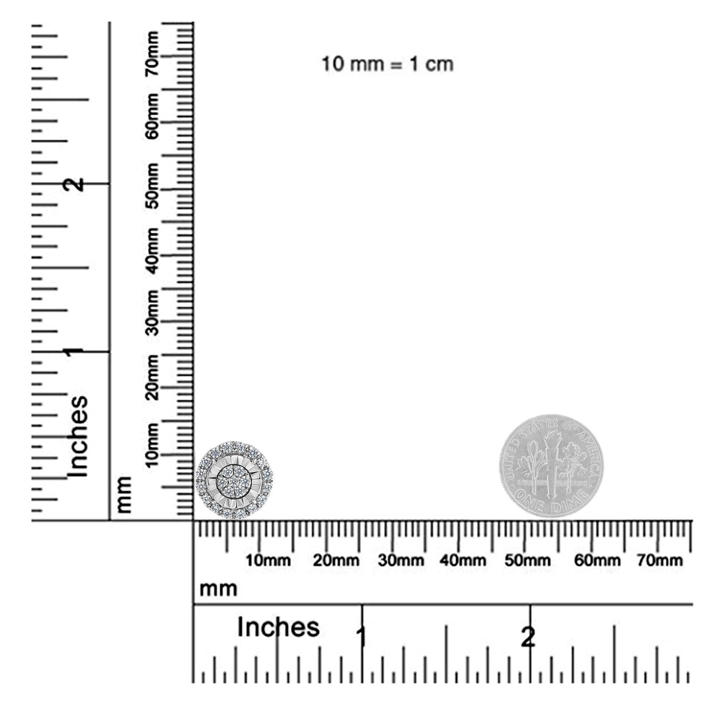White metal round-shaped earring with white gemstones in prong setting, shown on a ruler and scale for size reference, top front angle.