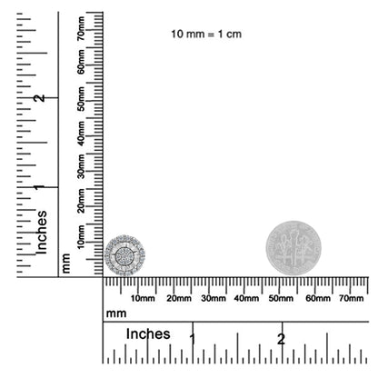White metal round-shaped earring with white gemstones in prong setting, shown on a ruler and scale for size reference, top front angle.