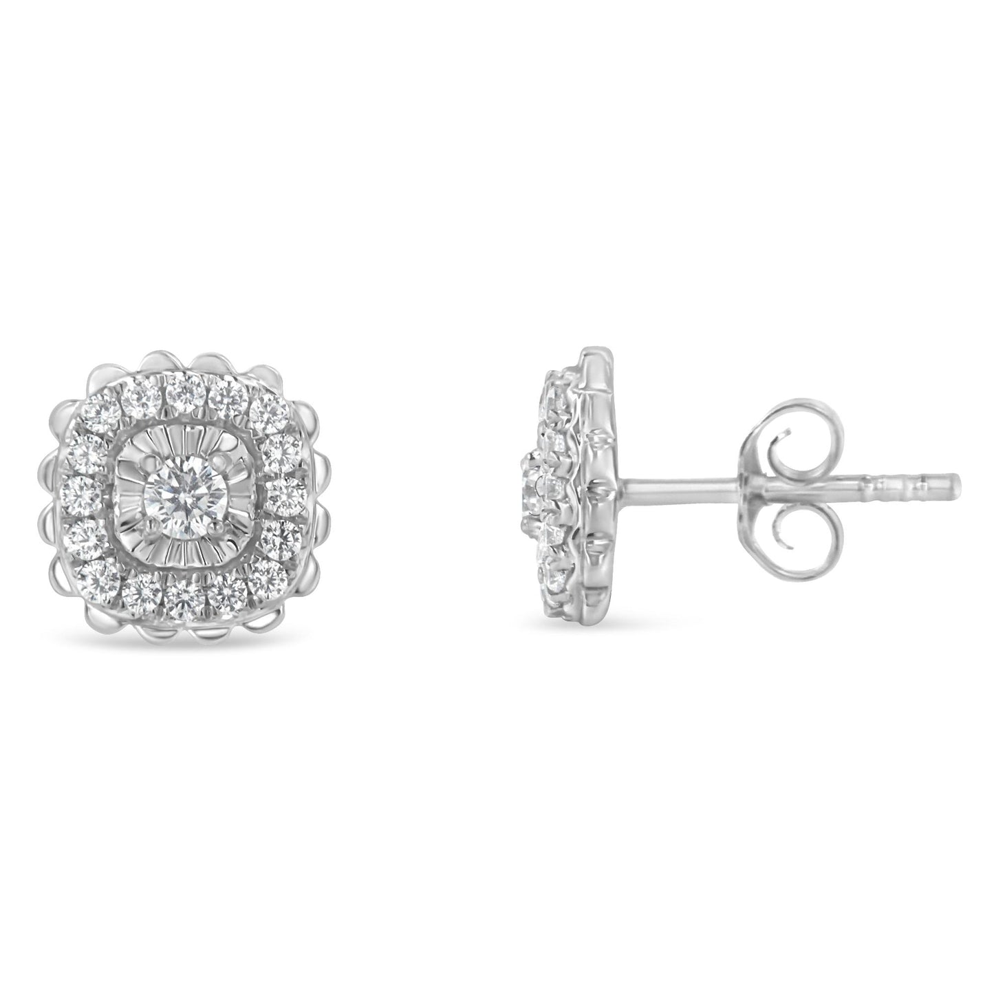 Pair of white metal stud earrings with round white gemstones in miracle and prong settings, shown from front and side angles.