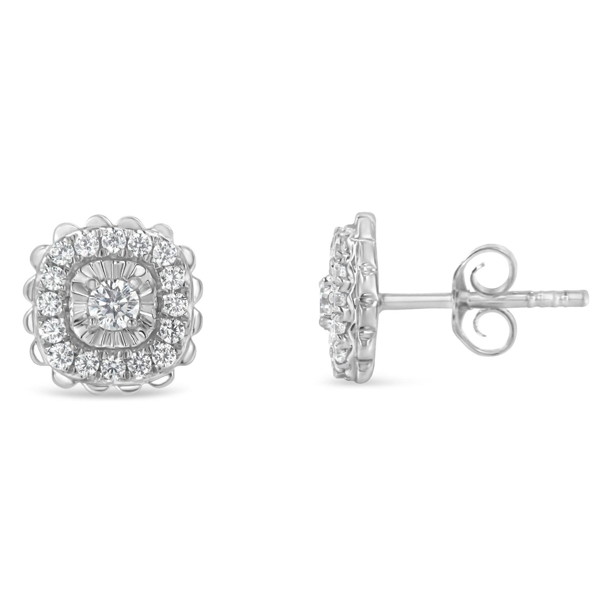 Pair of white metal stud earrings with round white gemstones in miracle and prong settings, shown from front and side angles.