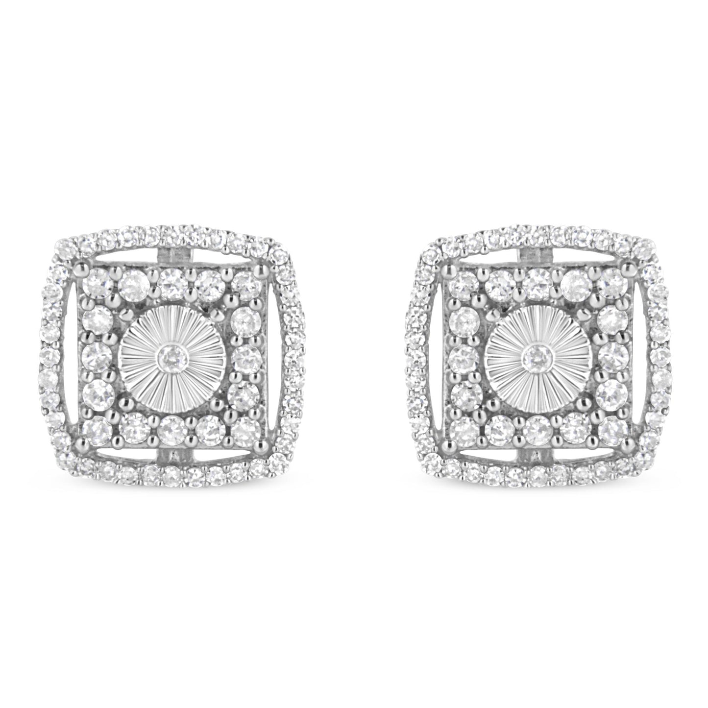 Pair of white metal square-shaped earrings with round bezel-set white gemstones in the center, surrounded by multiple round shared-prong-set white gemstones, shown from the front angle.