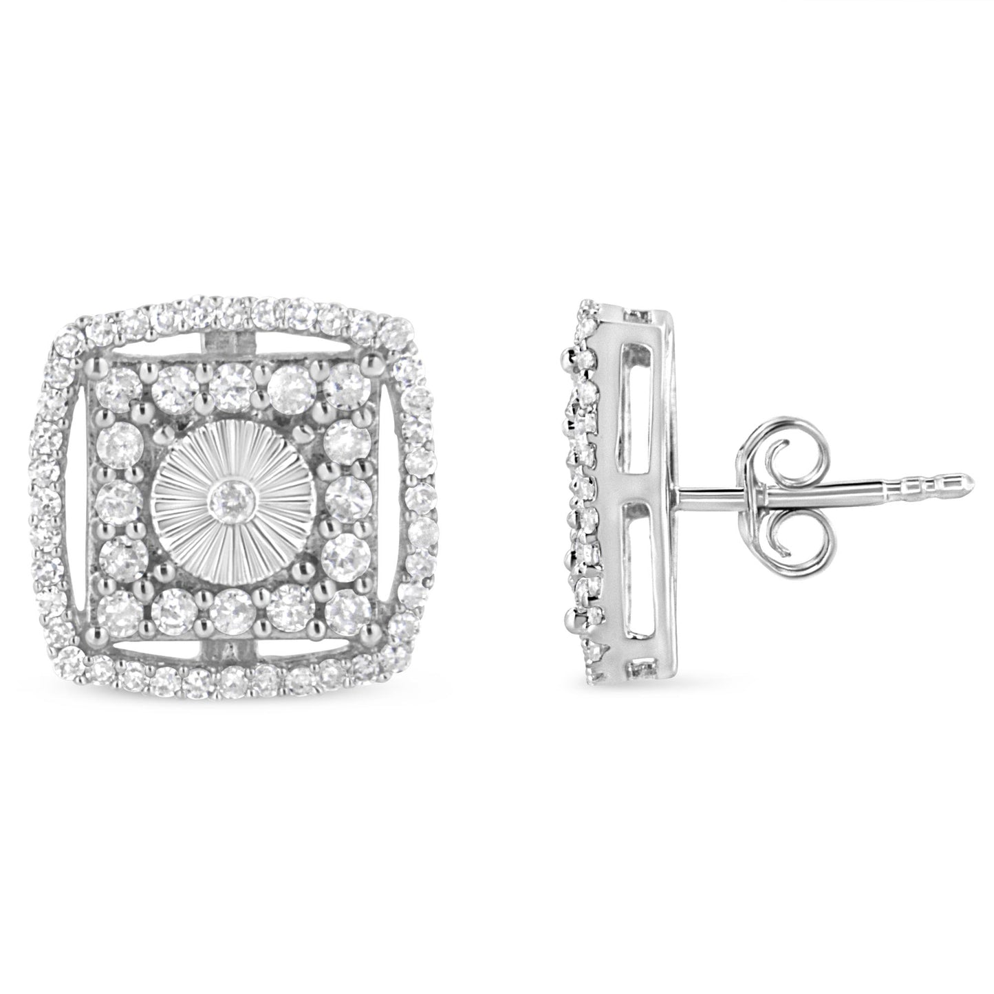 Front and side view of white metal square-shaped stud earrings with round white gemstones in bezel and shared prong settings.