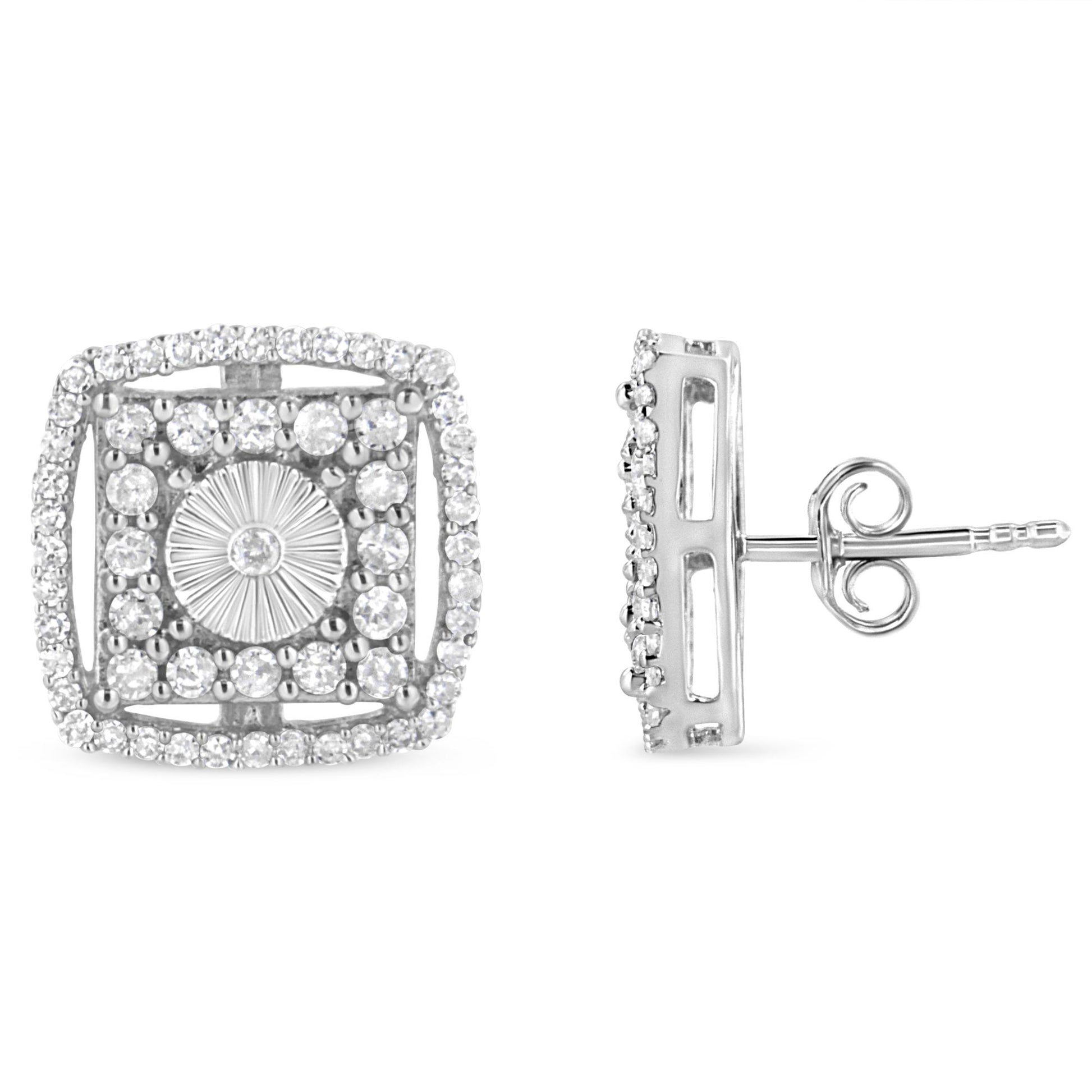 Front and side view of white metal square-shaped stud earrings with round white gemstones in bezel and shared prong settings.