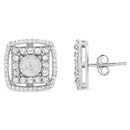 Front and side view of white metal square-shaped stud earrings with round white gemstones in bezel and shared prong settings.