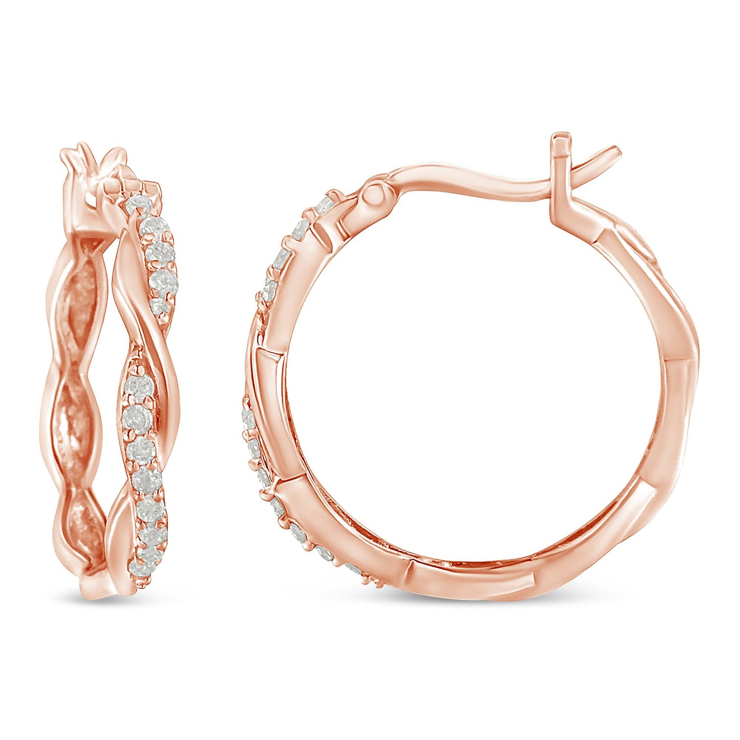 Close-up front and side view of rose metal hoop earrings with a twisted design, adorned with multiple small round white gemstones in pave setting.