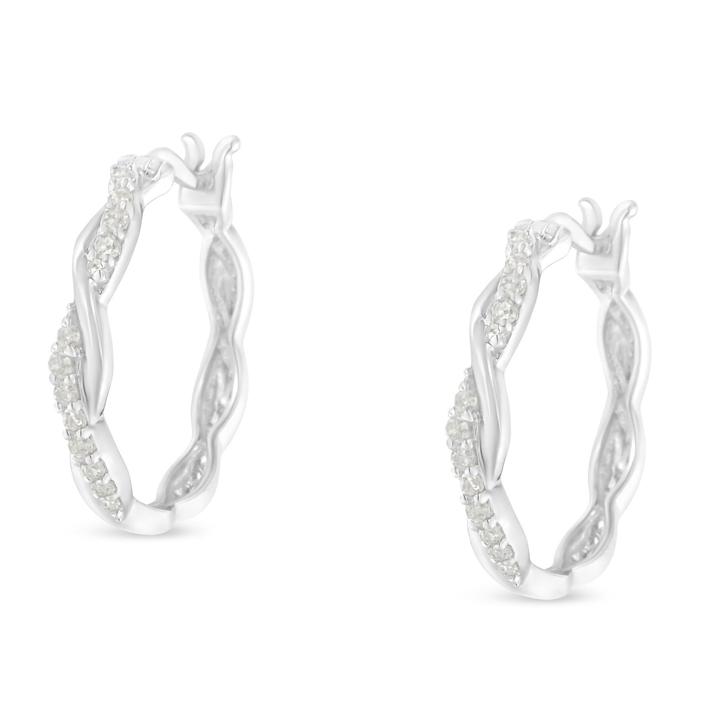 Pair of white metal hoop earrings with twisted design, adorned with white round pave-set gemstones, shown from a front angle.