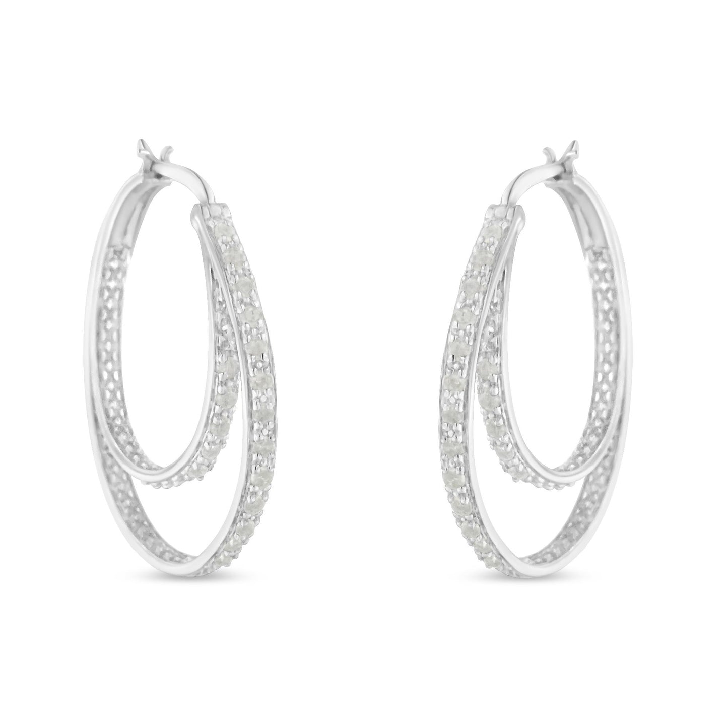 Pair of white metal hoop earrings with two rows of round white gemstones in pave setting, shown from a front angle.