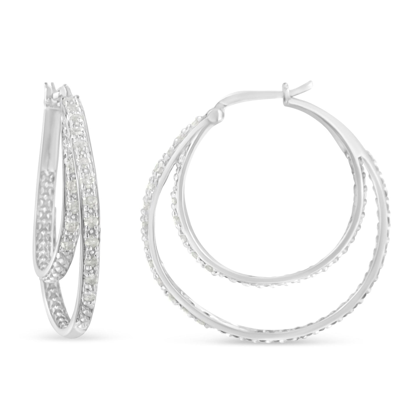 Pair of white metal hoop earrings with round white gemstones in pave setting, shown from front and side angles.