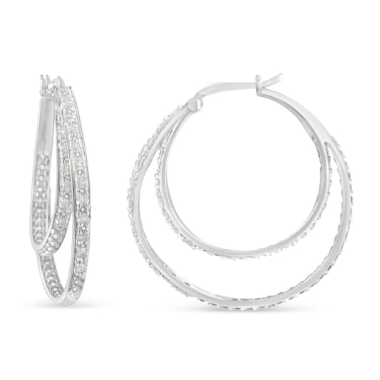 Pair of white metal hoop earrings with round white gemstones in pave setting, shown from front and side angles.