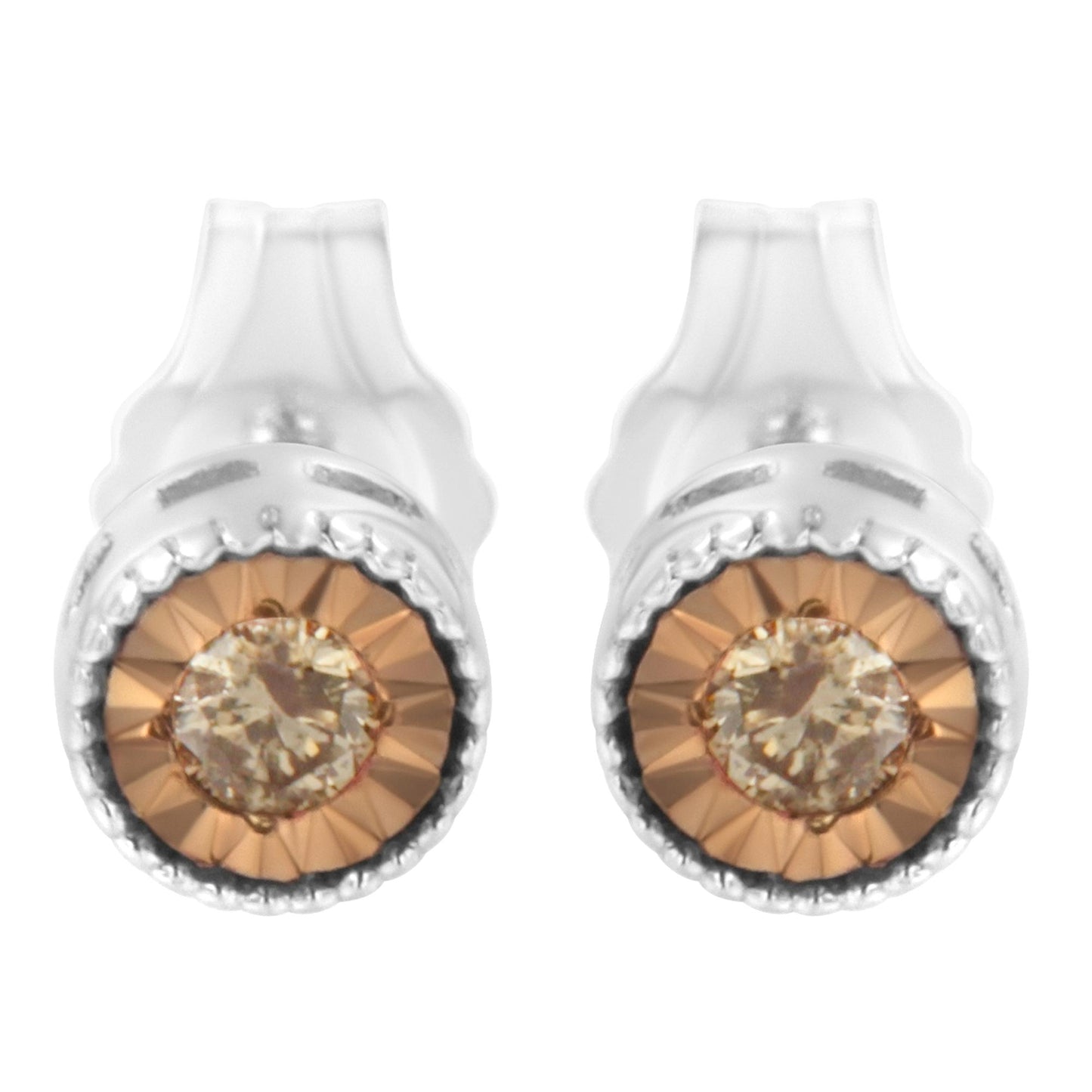 Front angle view of a pair of white metal stud earrings featuring round champagne-colored gemstones with a faceted miracle setting.