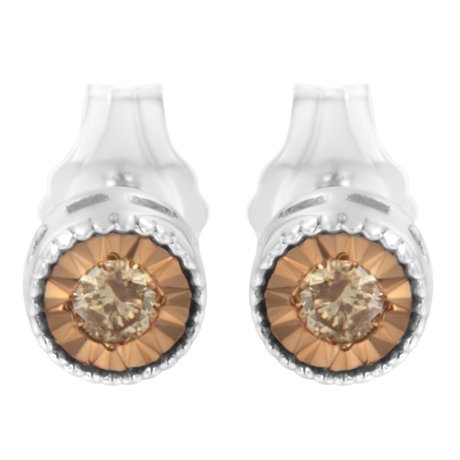Front angle view of a pair of white metal stud earrings featuring round champagne-colored gemstones with a faceted miracle setting.