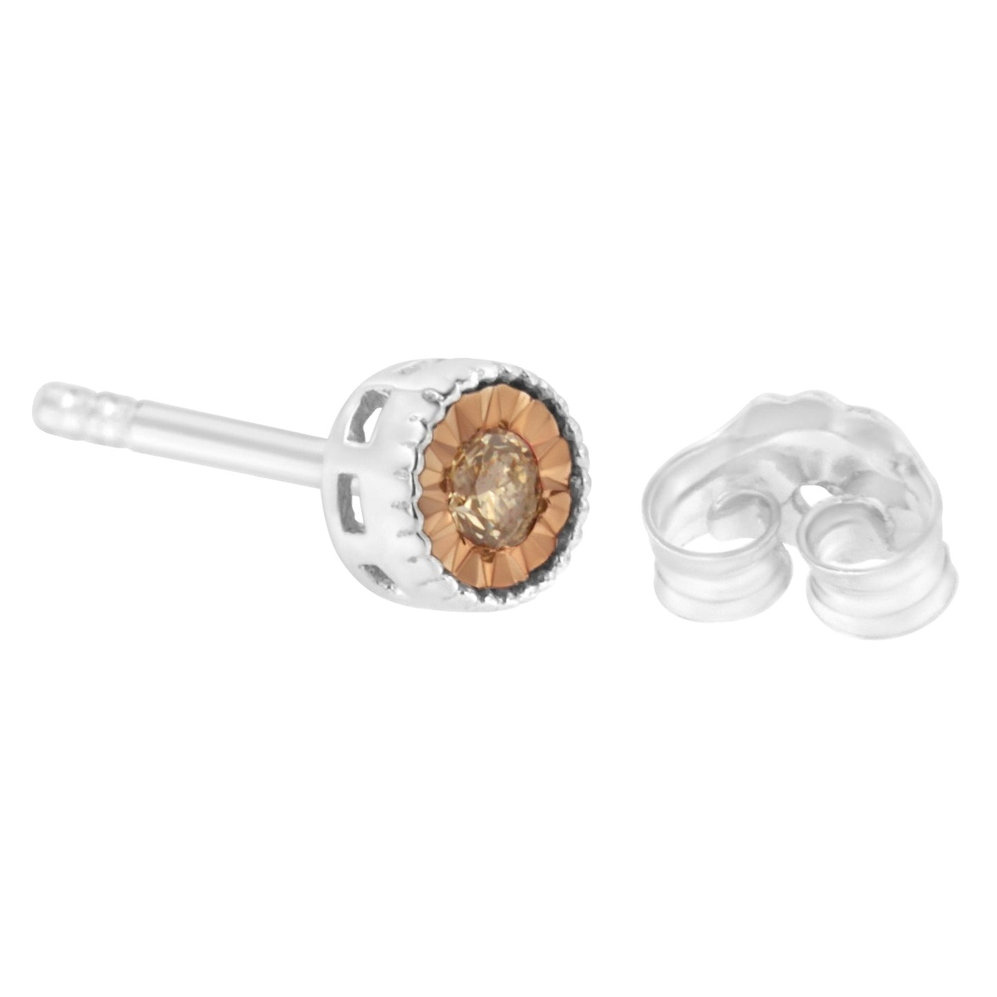 Close-up side view of a white metal stud earring with a round champagne-colored gemstone in a miracle setting and a clear plastic earring back beside it.
