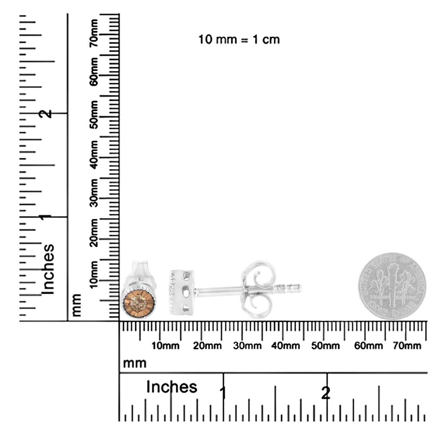 Close-up side and front view of white metal stud earrings with round, champagne-colored gemstones in miracle settings, displayed on rulers and next to a dime for size reference.