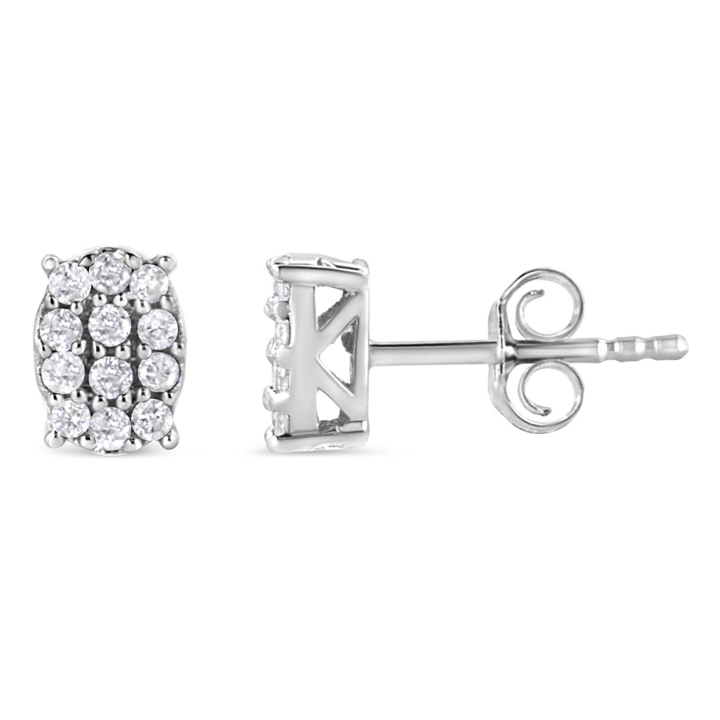 Front and side views of white metal stud earrings with multiple round white gemstones in prong settings, shown against white background.