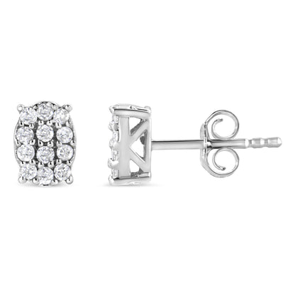 Front and side views of white metal stud earrings with multiple round white gemstones in prong settings, shown against white background.