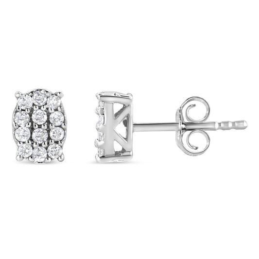 Front and side views of white metal stud earrings with multiple round white gemstones in prong settings, shown against white background.
