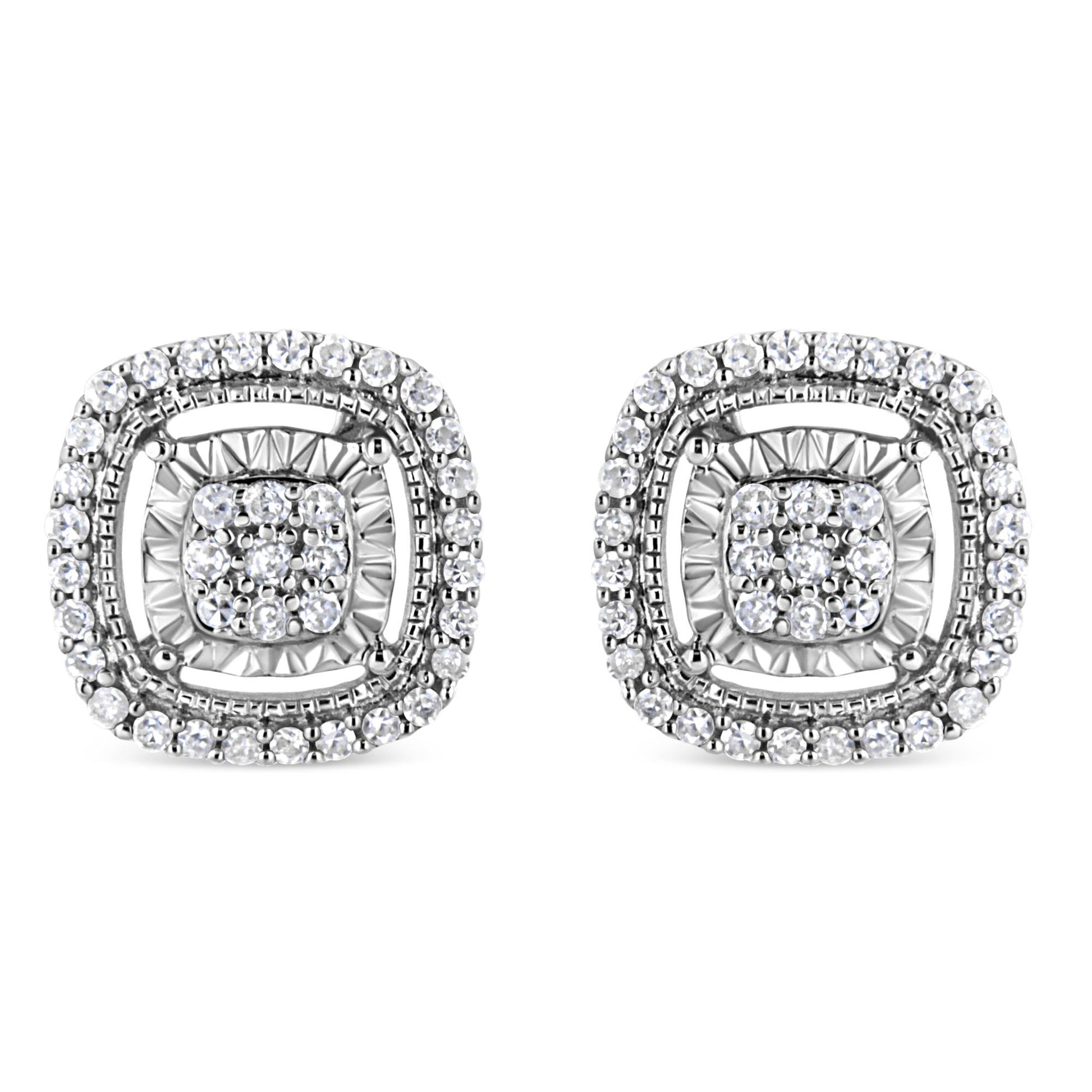 Pair of white metal square-shaped stud earrings with round white gemstones in prong settings arranged in a double halo design, front angle.