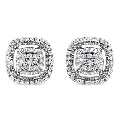 Pair of white metal square-shaped stud earrings with round white gemstones in prong settings arranged in a double halo design, front angle.