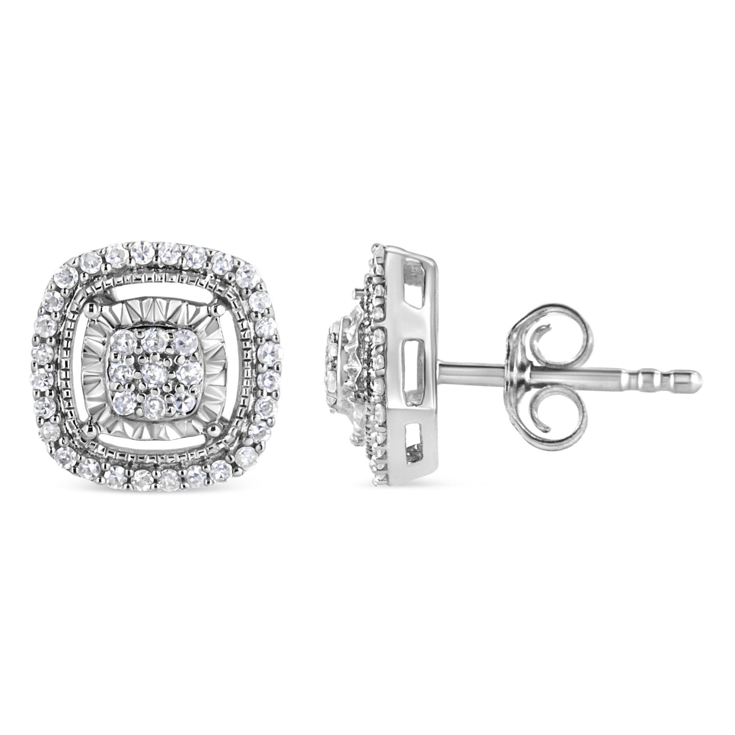Pair of square white metal stud earrings with round white gemstones in prong settings, shown from front and side angles.