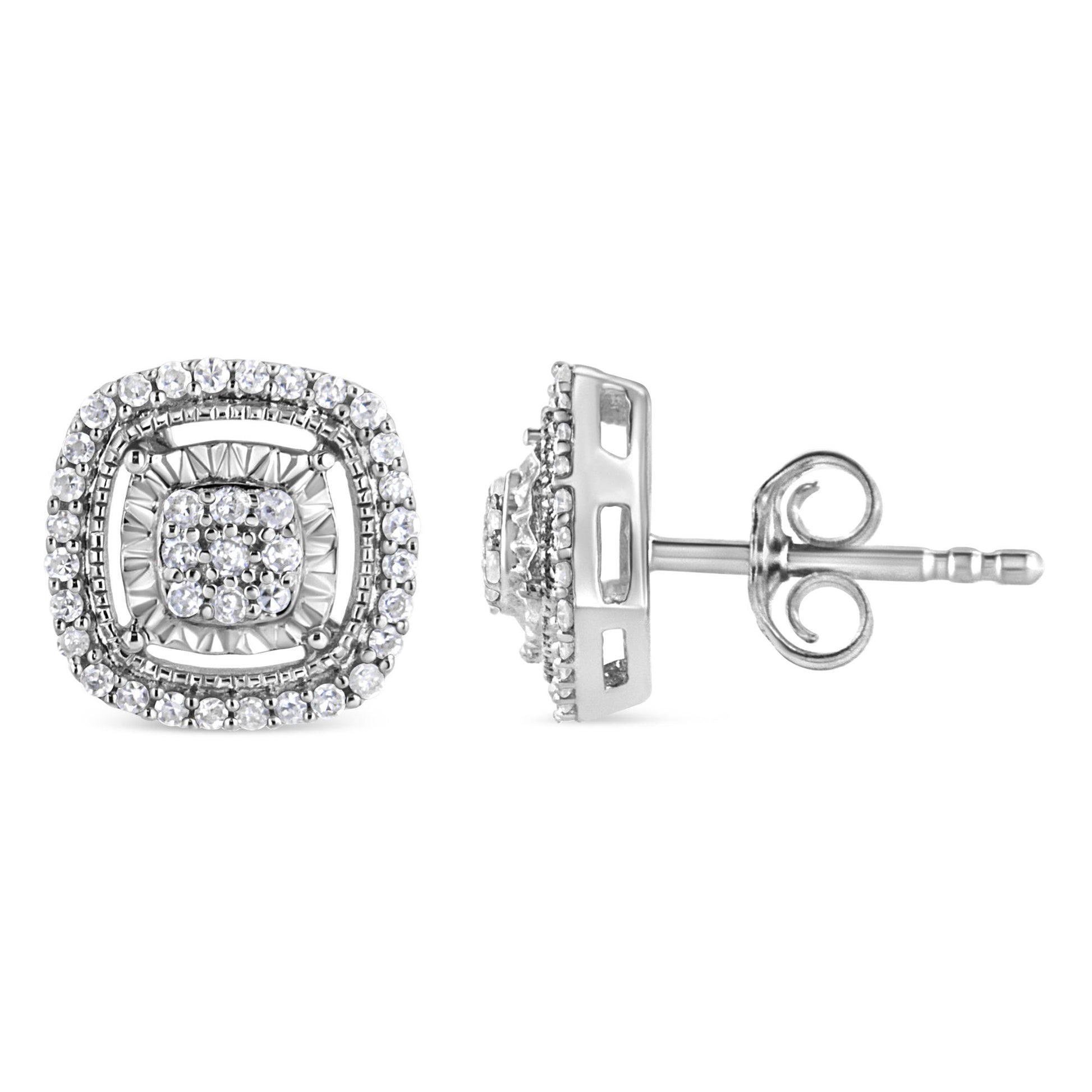 Pair of square white metal stud earrings with round white gemstones in prong settings, shown from front and side angles.
