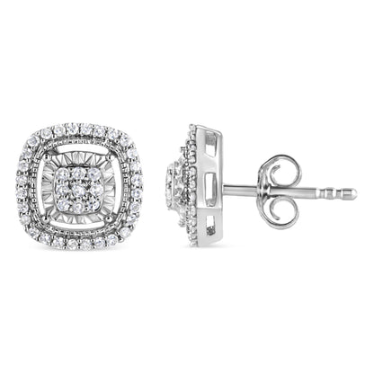 Pair of square white metal stud earrings with round white gemstones in prong settings, shown from front and side angles.
