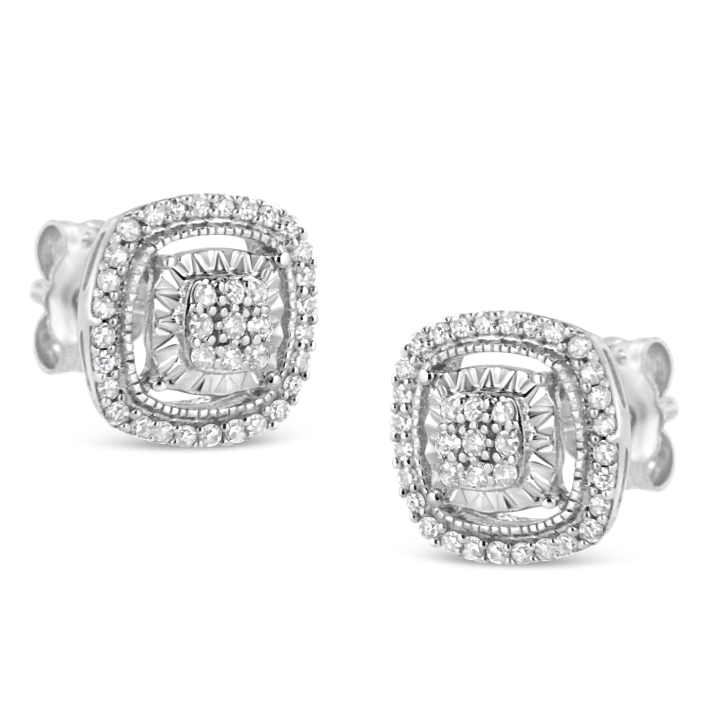 Close-up front angled view of a pair of white metal square-shaped stud earrings with multiple round white gemstones in prong settings arranged in a double halo design.