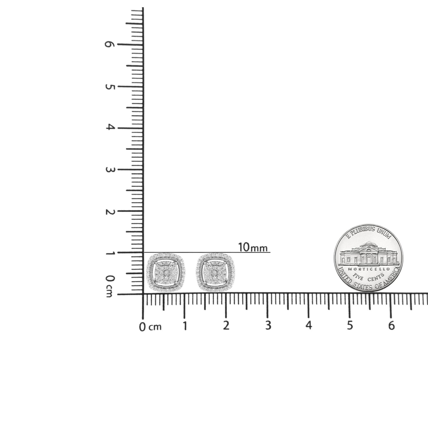 Pair of white metal square-shaped earrings with round white gemstones in prong settings, shown from the front on a ruler for size reference.