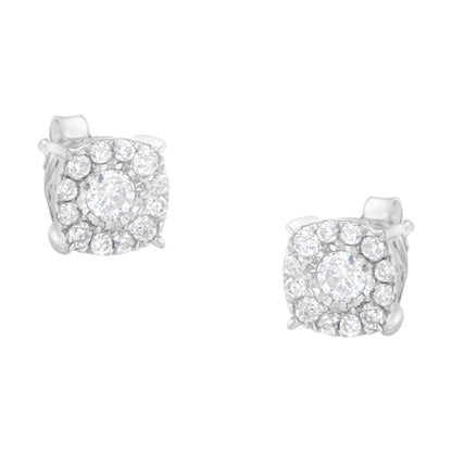 Pair of white metal stud earrings with round white gemstones in a pave setting, shown from a front angle.