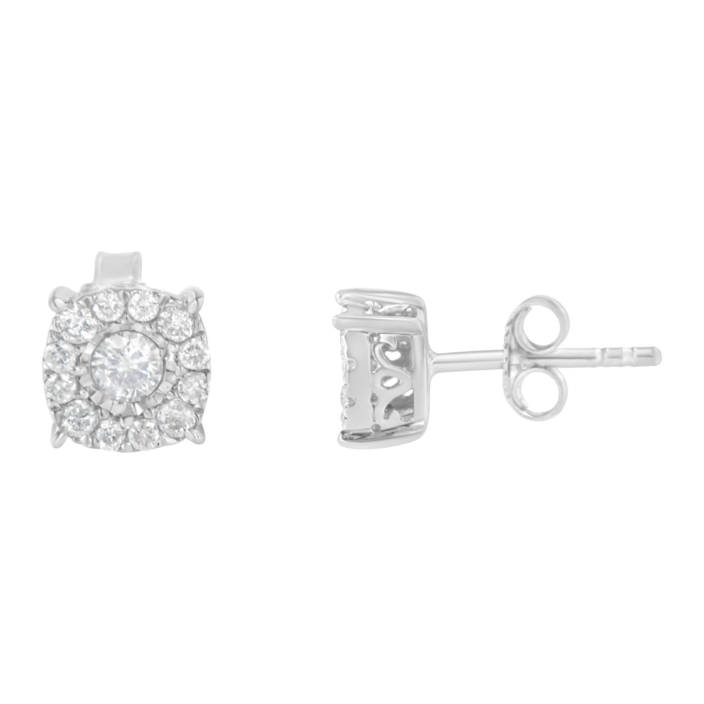 Pair of white metal stud earrings with a central round gemstone surrounded by smaller round gemstones in a pave setting, shown from front and side angles.