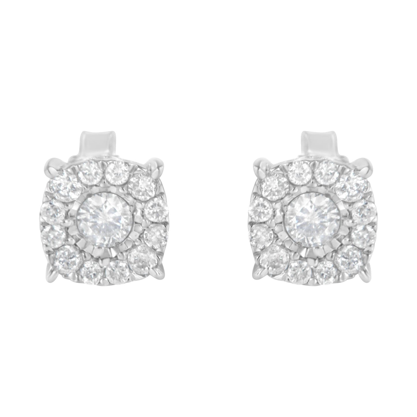 Front view of a pair of white metal stud earrings with round white gemstones in a pave setting forming a square shape.