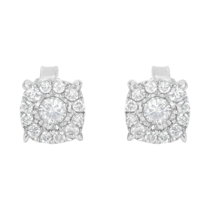 Front view of a pair of white metal stud earrings with round white gemstones in a pave setting forming a square shape.