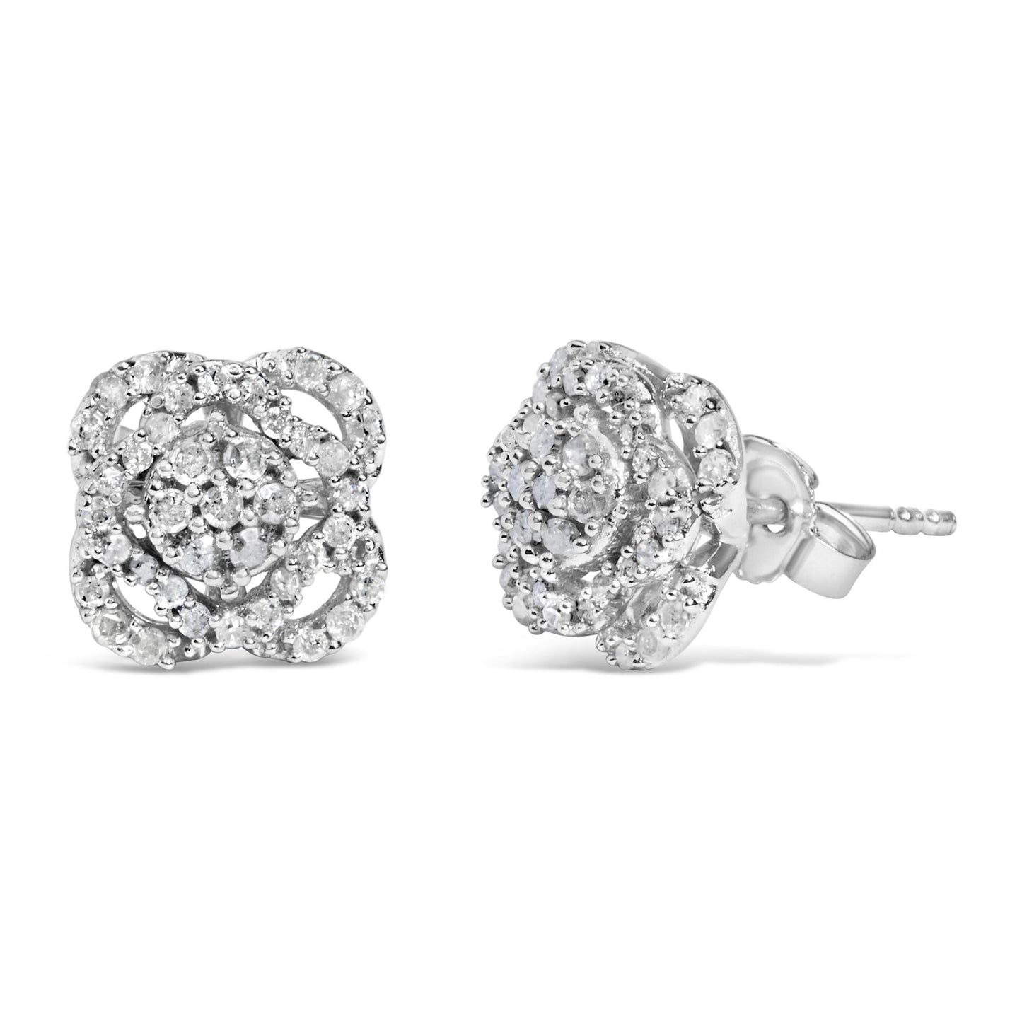 Pair of white metal earrings with round white gemstones set in a prong setting, shown from front and side angles.