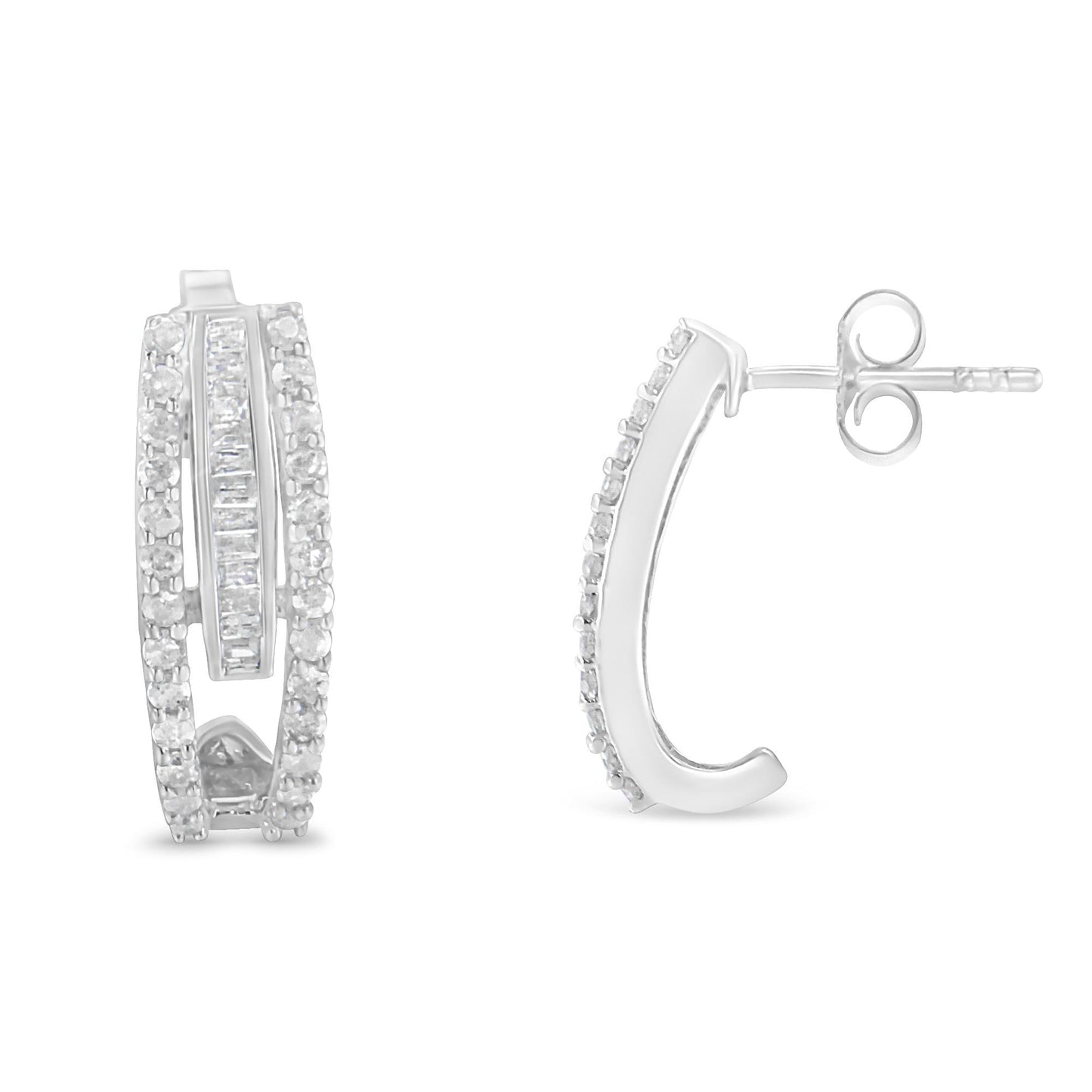 Front and side view of white metal earrings with round prong-set white gemstones outlining the shape and a vertical row of baguette channel-set white gemstones in the center.