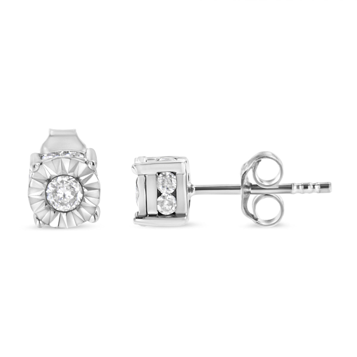 Front and side view of 1/2 cttw miracle set diamond stud earrings showcasing center miracle-set diamond and channel-set side diamonds on white background