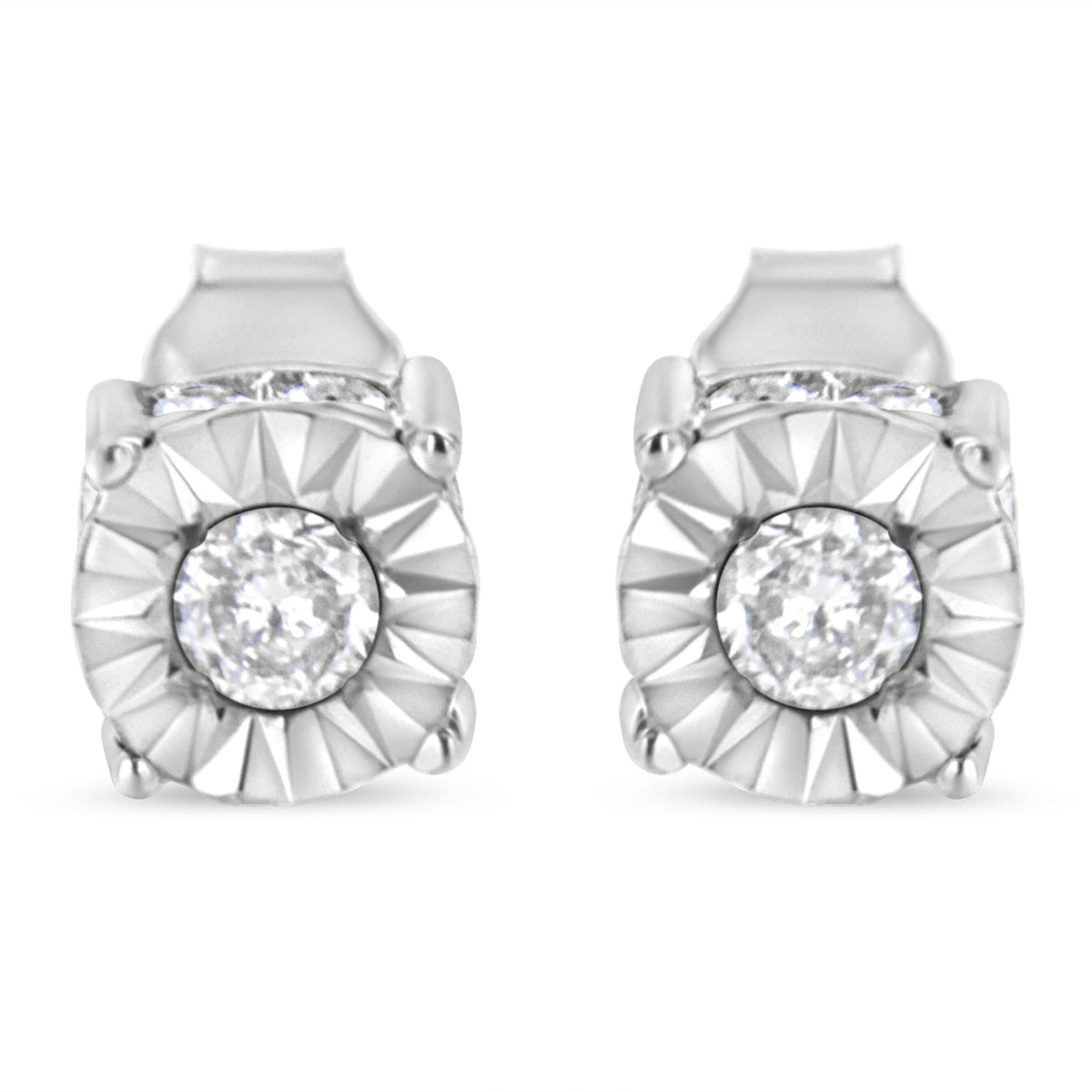 Front view of 1/2 cttw miracle set diamond stud earrings showcasing center round diamonds in miracle settings and channel-set accent stones on white background