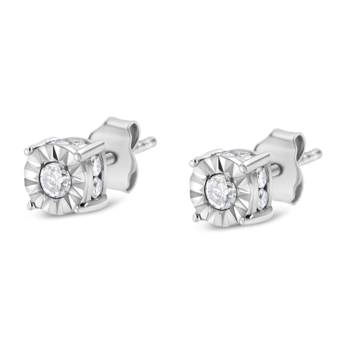 Front view of 1/2 cttw miracle-set diamond stud earrings showcasing center and channel-set diamonds on white background