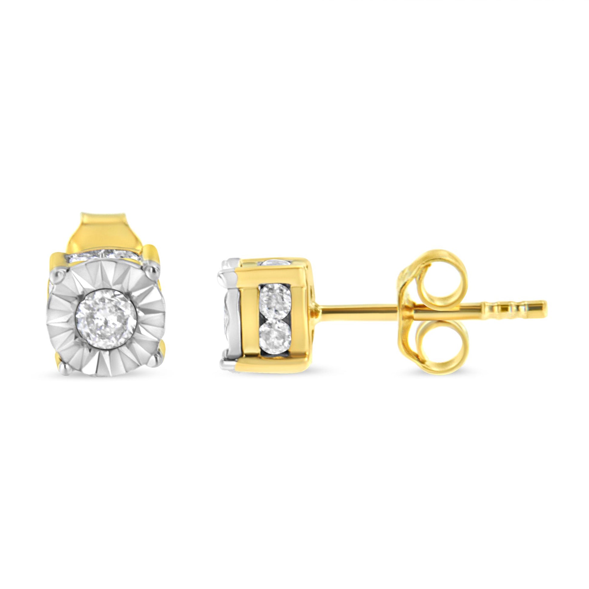 Yellow metal stud earrings with round white gemstones in miracle and channel settings, shown from front and side angles.