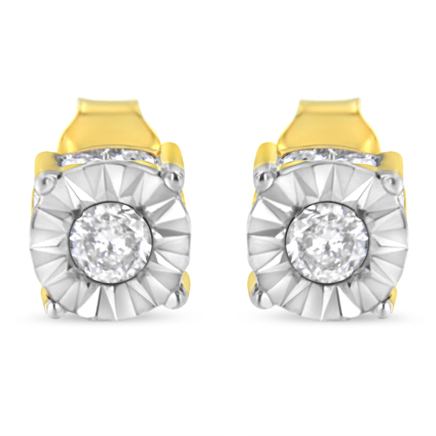 Front view of yellow metal earrings with round white gemstones in miracle and channel settings.