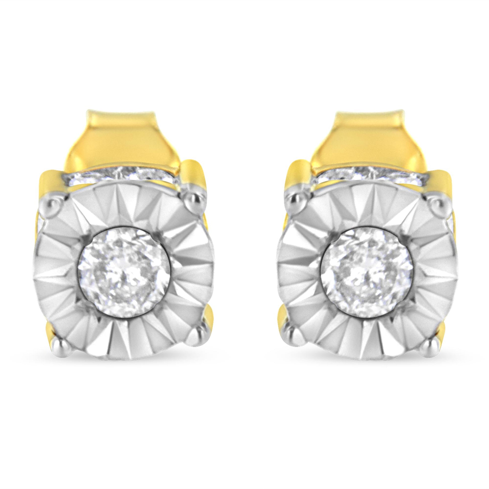 Front view of yellow metal earrings with round white gemstones in miracle and channel settings.