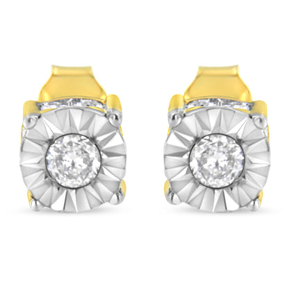 Front view of yellow metal earrings with round white gemstones in miracle and channel settings.